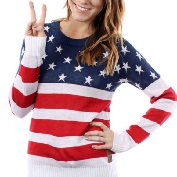 Tipsy Elves Sweaters - Tipsy Elves Starry Stripes Patriotic Sweater - Red, White, and Blue Size Small